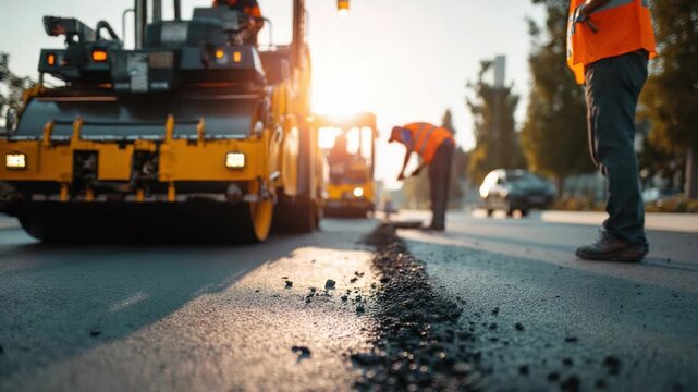 A close up view of roadwork shows workers paving a new layer of asphalt with modern equipment. The scene captures teamwork, machinery, and the transformation of urban infrastructure