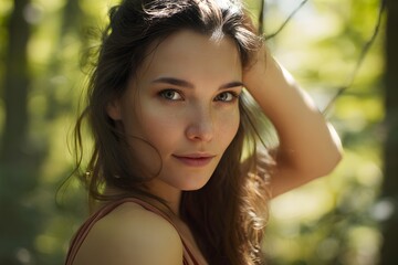 Naklejka premium Portrait of a young woman with freckles surrounded by lush greenery