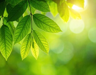 Close-up of green leaves with sunlight and blurred background
