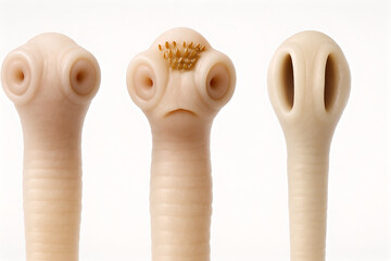 Photorealistic 3D anatomy of Taenia saginata scolex, four muscular suckers, unarmed rostellum, early strobila with immature proglottids emerging, semi-translucent tegument with fine micro-speculars