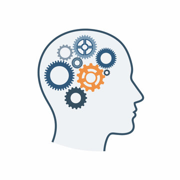 Human head silhouette filled with gears of different sizes, representing thoughts, idea generation, problem solving and mental processes on a white background.