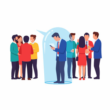 Businessman using a mobile phone, isolated in a thought bubble, while others socialize at a party; concept for social anxiety, isolation, or technology dependence in social situations.