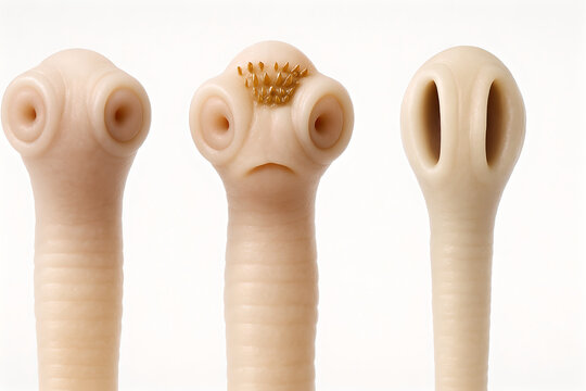 Photorealistic 3D anatomy of Taenia saginata scolex, four muscular suckers, unarmed rostellum, early strobila with immature proglottids emerging, semi-translucent tegument with fine micro-speculars