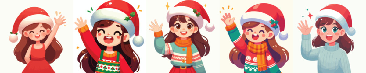 vector of a little girl in a Christmas hat waving