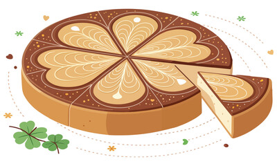 Delicious and festive illustrations of chocolate and cream pies decorated with clover leaf patterns and heart designs. Perfect for St. Patrick’s Day, food blogs, dessert menus, bakery branding .