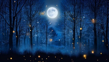 Dark Woods Halloween Background Forest At Night With Blue Moonlight Shining Through The Trees And Tiny Amber Fireflies