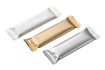 Blank Protein Bar Packaging Mockup in White, Gold, and Silver Wrappers, Isolated on transparent background, png