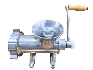 Manual Metal Meat Grinder with Silver Finish on White Background, Classic Tool