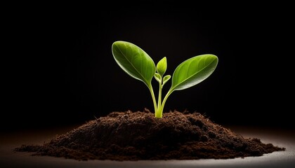 Photo Of A Small Green Plant Sprouting From Soil Against A Solid Black Background