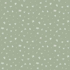 Tiny flower pattern, floral seamless pattern, cottagecore ditsy tile print, gentle white flower print on green background. Small flower, green tone style design for fashion, texture, fabric, wallpaper