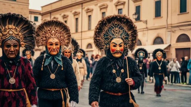 Traditional Masked Parade In Historic European Square With Golden Masks Ornate Headdresses Festive Crowd