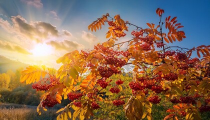 Autumn Berries On Trees In The Rays Of The Sun Against The Background Of The Sky