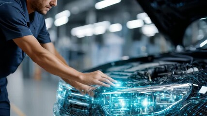A mechanic examines a car with glowing digital graphics, representing smart diagnostics and high tech automotive solutions. The scene emphasizes innovation and the future of vehicle maintenance - Powered by Adobe