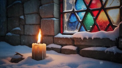 Warm candle flame glows in snowy winter scene by stained glass window. - Powered by Adobe