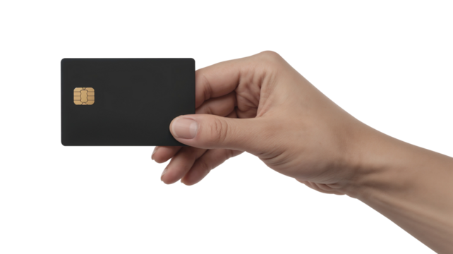 Hand holding black credit card isolated on transparent background