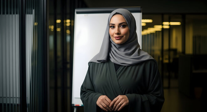 Confident and elegant Muslim businesswoman wearing a grey hijab, standing in a modern office with a professional smile.