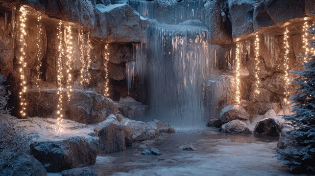 frozen waterfall with holiday lights,