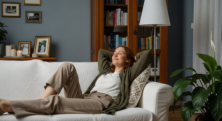 Relaxed woman unwinding on a comfortable white couch in a cozy living room. A peaceful moment of self-care and tranquility at home, eyes closed and hands behind head.