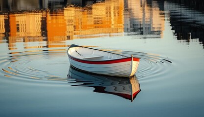 A tiny vessel gently resting by the tranquil harbor reflection
