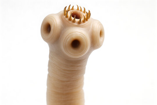 Photorealistic 3D anatomy of Taenia saginata scolex, four muscular suckers, unarmed rostellum, early strobila with immature proglottids emerging, semi-translucent tegument with fine micro-speculars