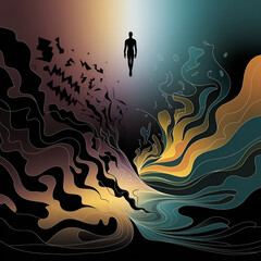 Abstract dark theme illustration featuring a floating human silhouette surrounded by evolving wave patterns symbolizing transformation and inner strength