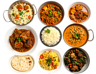 A diverse selection of flavorful Indian dishes arranged in bowls and plates showcasing rich colors and textures