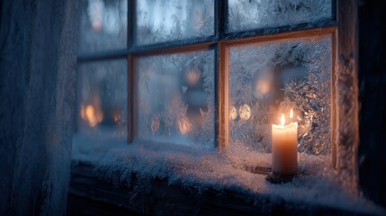 frozen window with frost and candlelight,