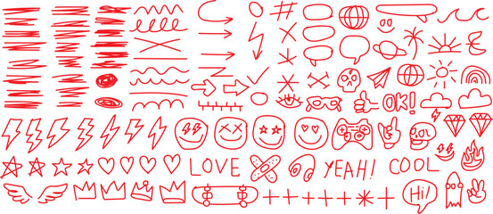 Collection of red hand drawn doodle elements and symbols A vibrant collection of red hand-drawn doodles, featuring various symbols, smiley faces, hearts, and text elements.