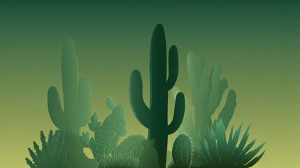 Vibrant Cactus Desert Landscape with Diverse Succulents Under Gradient Green Background