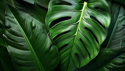 Closeup Monstera Giant Leaf Green Background