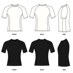 illustration of a rash guard with short sleeves, front, back, and side views. Blank jersey template for active wear. Set of white and black T-shirt sketches.