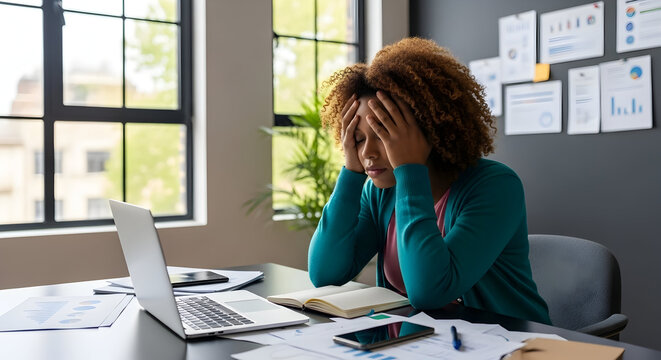 Overwhelmed African American woman experiencing burnout and stress at her office desk, struggling with work pressure and tight deadlines.