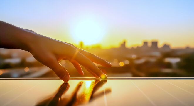 a hand touching solar panel at sunrise