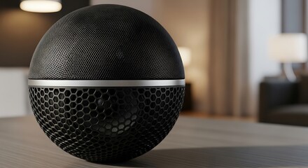 Modern Spherical Speaker on Table in Living Room with Sound System Technology.
