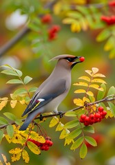 Waxwing Bird Perched on Branch with Red Berries and Autumn Leaves, Nature Wildlife Photography

