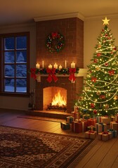 Cozy Christmas Living Room with Lit Tree, Crackling Fireplace, and Gifts, Warm Holiday Atmosphere

