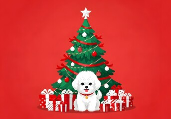 Adorable White Dog Sitting Beside Christmas Tree and Gifts on Red Background, Festive Holiday Scene
