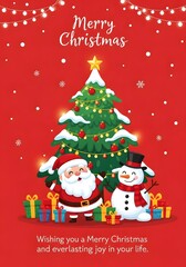 Merry Christmas Greeting Card with Santa, Snowman, and Decorated Tree on Red Background

