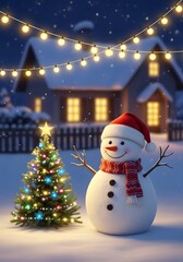 Charming Snowman with Santa Hat and Scarf Beside Lit Christmas Tree, Cozy Winter Holiday Scene

