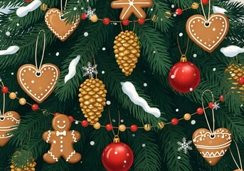 Festive Christmas Tree with Gingerbread Hearts, Pinecones and Red Ornaments, Cozy Holiday Decoration Scene

