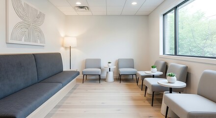 Modern waiting room with stylish furniture with window view and abstract wall art.