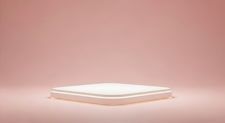 Modern white illuminated podium against a soft pink backdrop for product display.