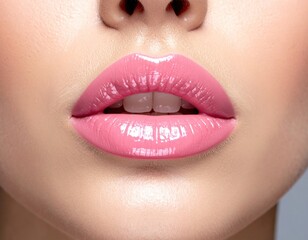 Fototapeta premium Close-up of glossy, pink lips, showing teeth and surrounding skin