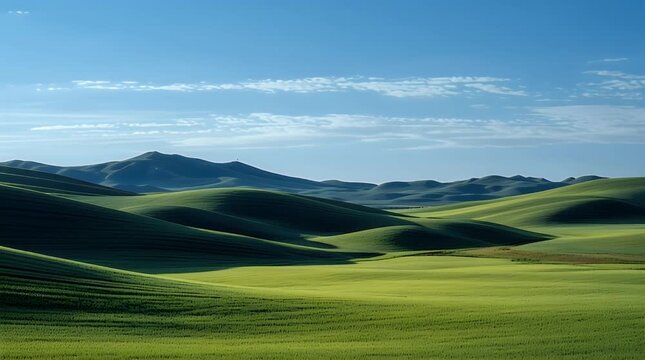 Rolling Green Hills Under a Clear Blue Sky With Wispy Clouds And Subtle Digital Pixelation Effect
