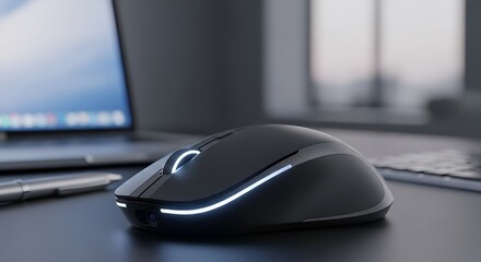 Modern Wireless Computer Mouse with Glow on Desk Near Laptop  Tech Concept.