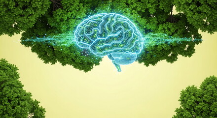 AI脳×エコな木々・淡い黄色背景 ― サステナブル未来をイメージしたデジタルデザイン