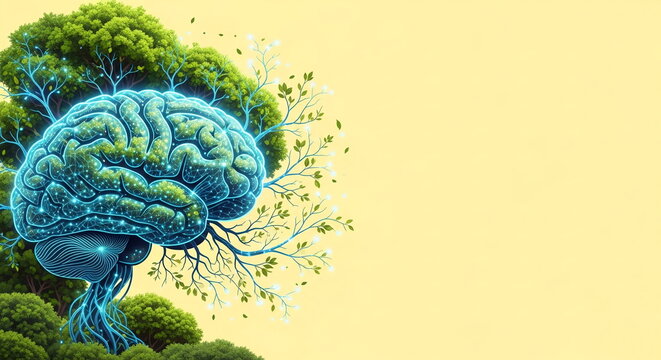 AI脳×エコな木々・淡い黄色背景 ― サステナブル未来をイメージしたデジタルデザイン - Powered by Adobe