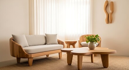 Modern wooden living room set sofa with chair, coffee table, natural light, and cozy interior.
