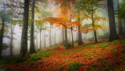 Green And Orange Foliage In A Misty Autumn Forest Dreamy Painterly Landscape With Atmosphere And Depth