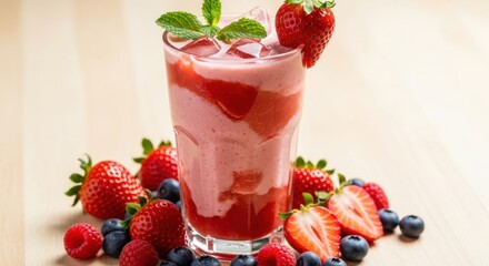 Refreshing Strawberry Smoothie with Fresh Berries and Mint Garnishing on Wooden Surface
